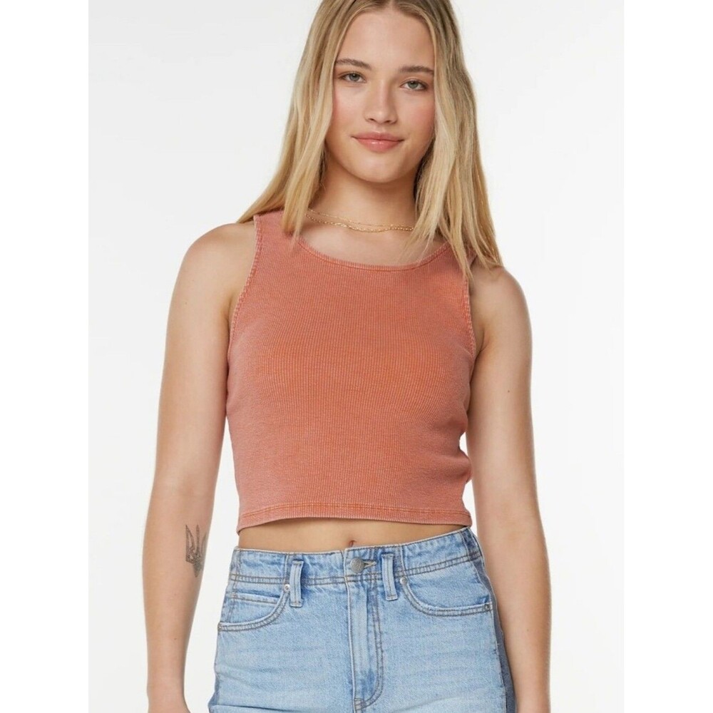Roxy Ribbed Peachy Pink Sleeveless Cropped  Tank Top, XS